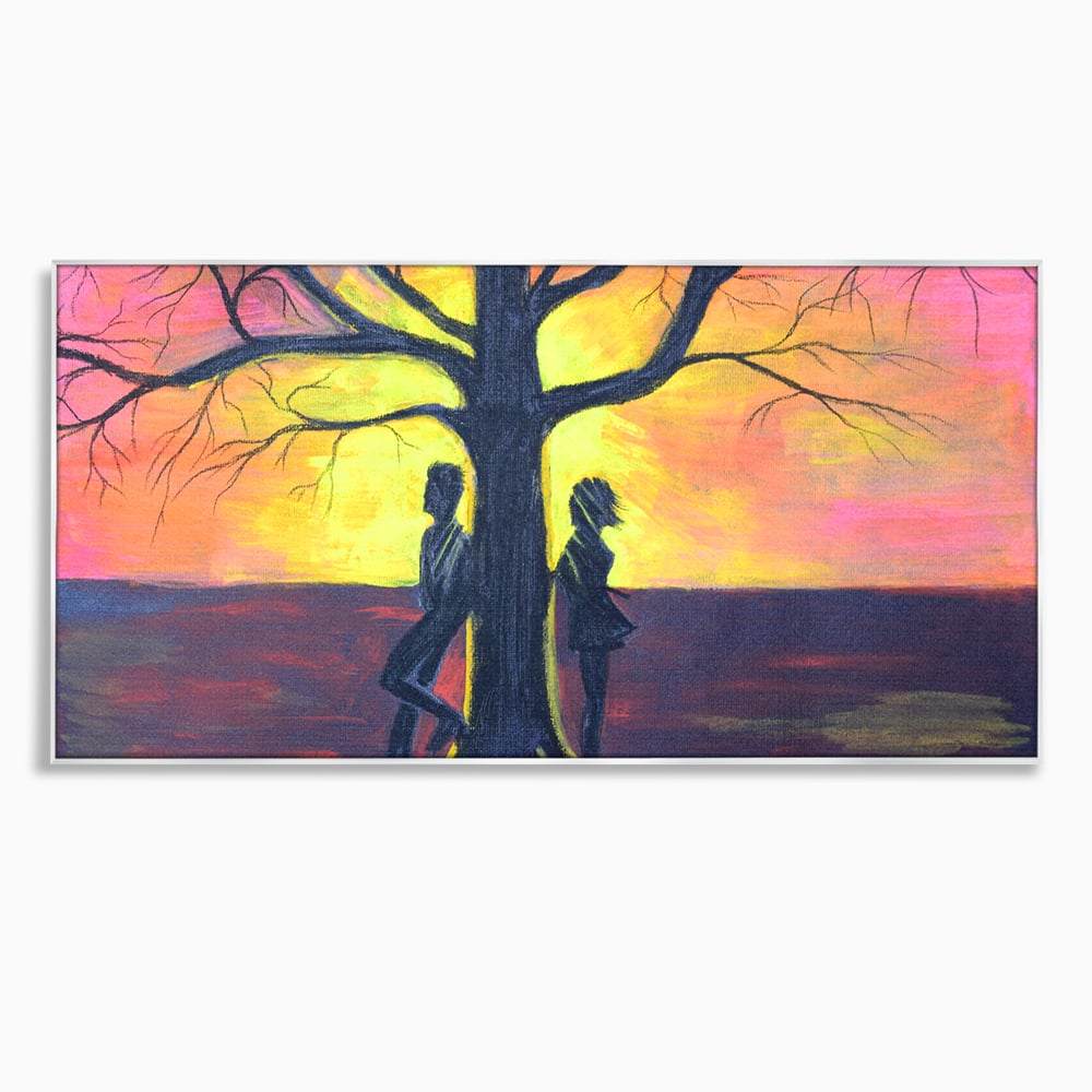 Tablou canvas cu pictura cuplu sub copac la apus, in rama de aluminiu argintiu